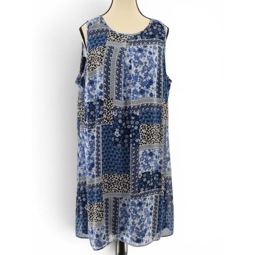 Blue Patchwork Floral Print Sleeveless Lined Shift Dress 2XL Coastal Resort Boho